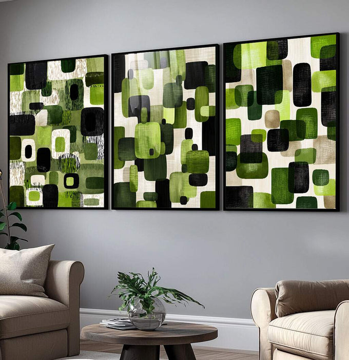 Quadro Decorativo Geométrico em Verde | quadros decorativos para sala | Três telas com composição geométrica de formas arredondadas em verde vibrante, preto e branco com textura tecida. | Porao dos Quadros