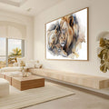 Quadro Decorativo Leões Amor e Proteção | quadros decorativos para sala | Família de leões em aquarela com tons bege, azul e caramelo, composição impressionista e delicada. | Porao dos Quadros