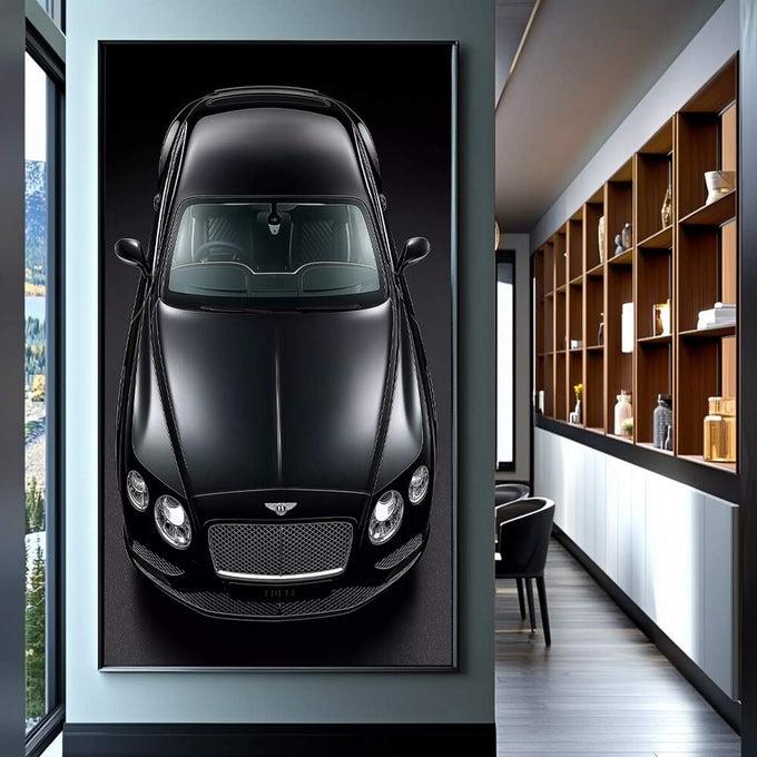 Quadro Decorativo Carro Luxo - Elegância em Preto | quadros decorativos para sala | Bentley preto em vista superior com detalhe dos cromados e luz dramática. | Porao dos Quadros