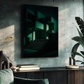 Quadro Decorativo Abstrato de Tons Verdejantes | quadros decorativos para sala | Composição arquitetônica moderna com planos geométricos em verde-água e preto, criando profundidade e perspectiva infinita | Porao dos Quadros