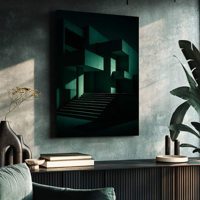 Quadro Decorativo Abstrato de Tons Verdejantes | quadros decorativos para sala | Composição arquitetônica moderna com planos geométricos em verde-água e preto, criando profundidade e perspectiva infinita | Porao dos Quadros