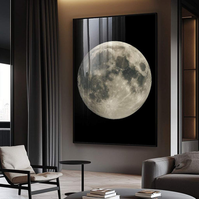 Quadro Decorativo Encanto Lunar da Luz da Lua | quadros decorativos para sala | Lua cheia detalhada em cinza e branco contra fundo preto do espaço | Porao dos Quadros