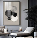 Arcos de linhas brancas sobre círculos pretos e fundo cinza claro em composição geométrica, quadro decorativo