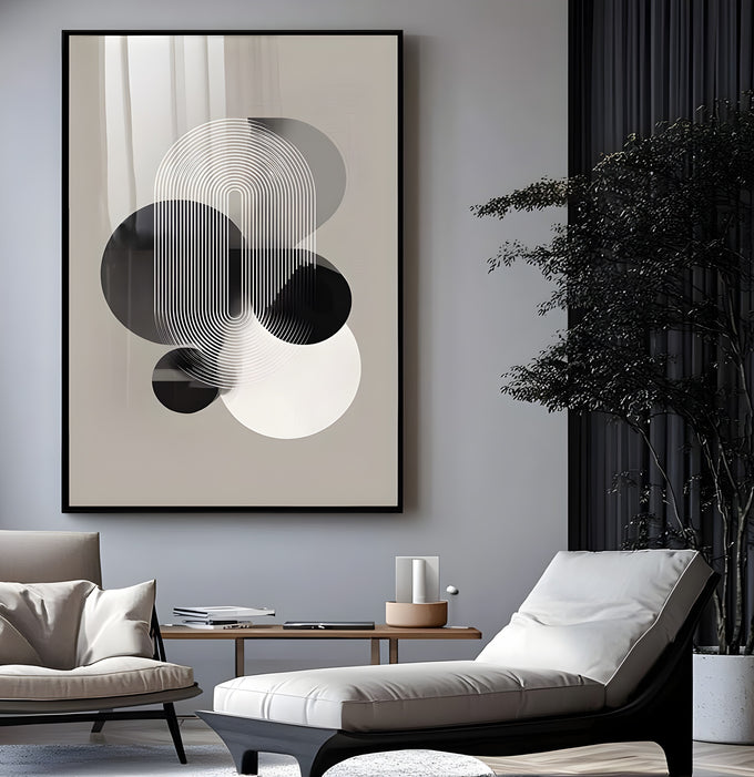 Arcos de linhas brancas sobre círculos pretos e fundo cinza claro em composição geométrica, quadro decorativo