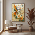Quadro Decorativo Pássaro Vibrante Minimalista | quadros decorativos para sala | Beija-flor em voo com asas douradas e azuis entre flores brancas, laranjas e bege em relevo tátil. | Porao dos Quadros
