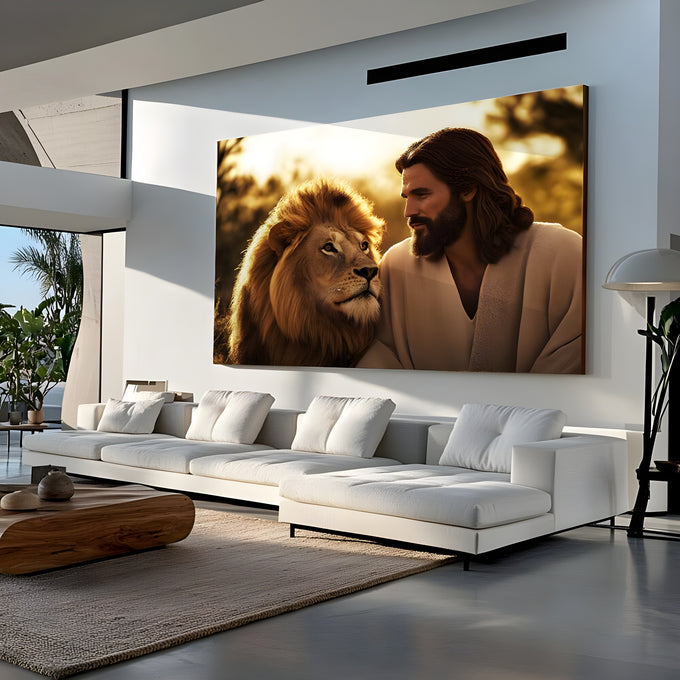 Jesus Cristo olhando um leão de juba dourada sob luz quente do entardecer, quadro decorativo