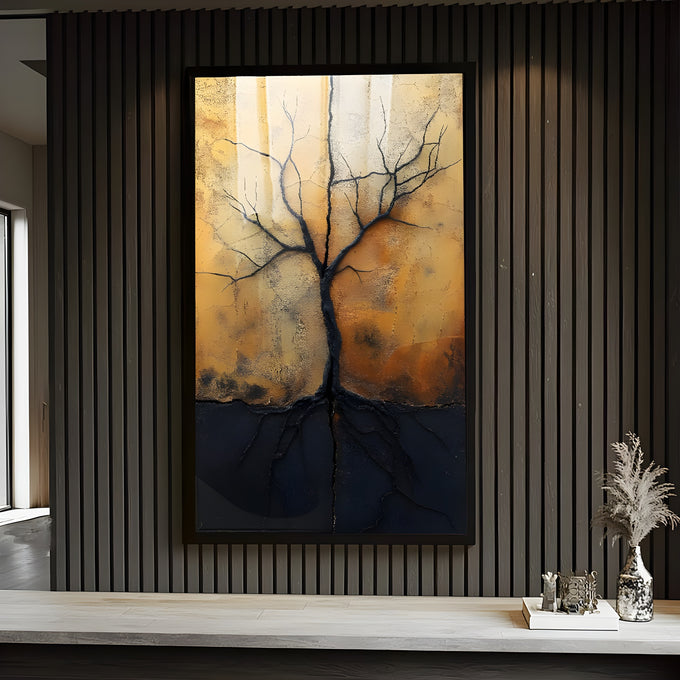 Árvore seca de tronco preto com raízes sobre fundo dourado craquelado, quadro decorativo