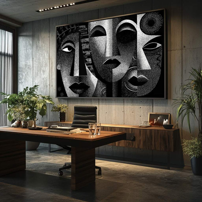 Quadro Decorativo Rostos Estilizados em Preto e Branco | quadros decorativos para sala | Rostos abstratos em preto e branco com textura pontilhista em composição múltipla | Porao dos Quadros