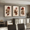 Trio abstrato geométrico com círculos terracota e folhagem em fundo bege, quadro decorativo