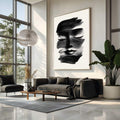 Quadro Decorativo Minimalista Preto e Branco | quadros decorativos para sala | Rosto abstrato em traços pretos expressivos sobre fundo branco luminoso com composição gestual. | Porao dos Quadros