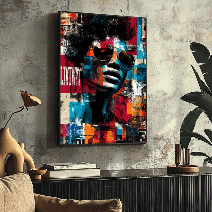 Quadro Decorativo: Estilo Urbano e Vibrante | quadros decorativos para sala | Rosto com óculos em colagem urbana com cores vibrantes vermelho, azul, laranja e preto. | Porao dos Quadros