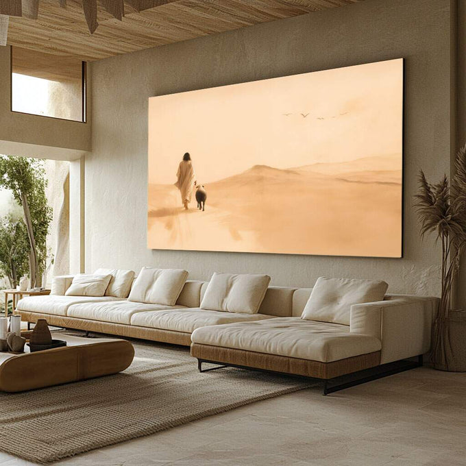 Quadro Decorativo Reflexões do Deserto | quadros decorativos para sala | Mulher e cachorro caminhando no deserto em tons bege com luz quente e composição profunda | Porao dos Quadros