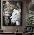 Quadro Decorativo Leões Estilizados Modernos | quadros decorativos para sala | Dois leões em perfil — um dourado e preto, outro branco — em composição de alto contraste expressionista. | Porao dos Quadros