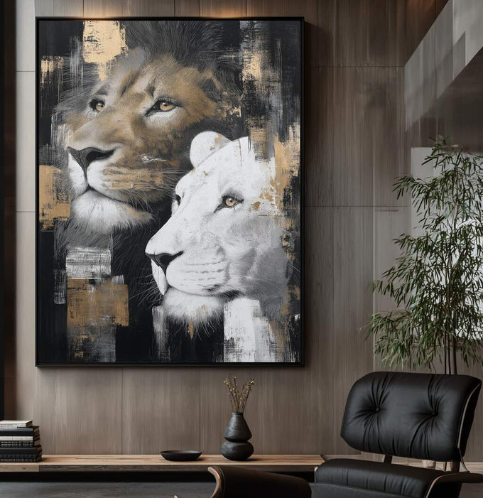 Quadro Decorativo Leões Estilizados Modernos | quadros decorativos para sala | Dois leões em perfil — um dourado e preto, outro branco — em composição de alto contraste expressionista. | Porao dos Quadros