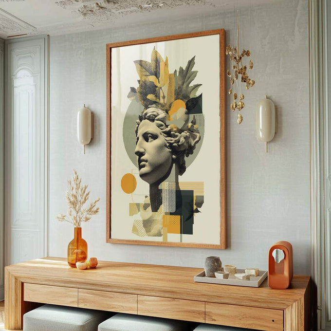 Escultura de Serenidade: Quadro Moderno | quadros decorativos para sala | Busto clássico em bege com plantas verdes e amarelas, formas geométricas em laranja e preto | Porao dos Quadros