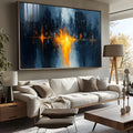 Skyline de cidade abstrata em azul com reflexo de luz dourada e textura de espátula, quadro decorativo