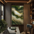 Quadro Decorativo Serenidade Natural | quadros decorativos para sala | Abstrato com fluxos verdes e brancos, veios dourados, texturas fluidas e composição orgânica vertical. | Porao dos Quadros