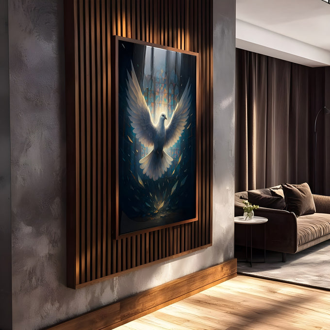 Pomba branca de asas abertas diante de vitral de catedral em azul com cacos de luz dourada, quadro decorativo