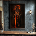Quadro Decorativo Ajoelhado do Cavaleiro | quadros decorativos para sala | Leão guerreiro com olhos flamejantes em dourado, portando espada vermelha incandescente e armadura detalhada. | Porao dos Quadros