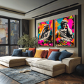 Quadro Decorativo Clássico e Vibrante | quadros decorativos para sala | Dois bustos clássicos gregos em cinza sobre fundo vibrante com cores pop art magenta, azul, laranja e amarelo. | Porao dos Quadros