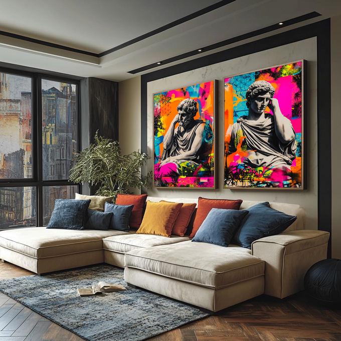 Quadro Decorativo Clássico e Vibrante | quadros decorativos para sala | Dois bustos clássicos gregos em cinza sobre fundo vibrante com cores pop art magenta, azul, laranja e amarelo. | Porao dos Quadros