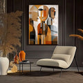 Quadro Decorativo Abstrato Humano - Conexões Visuais | quadros decorativos para sala | Três figuras abstratas com formas geométricas em laranja, bege e marrom com composição fragmentada e sobreposta. | Porao dos Quadros