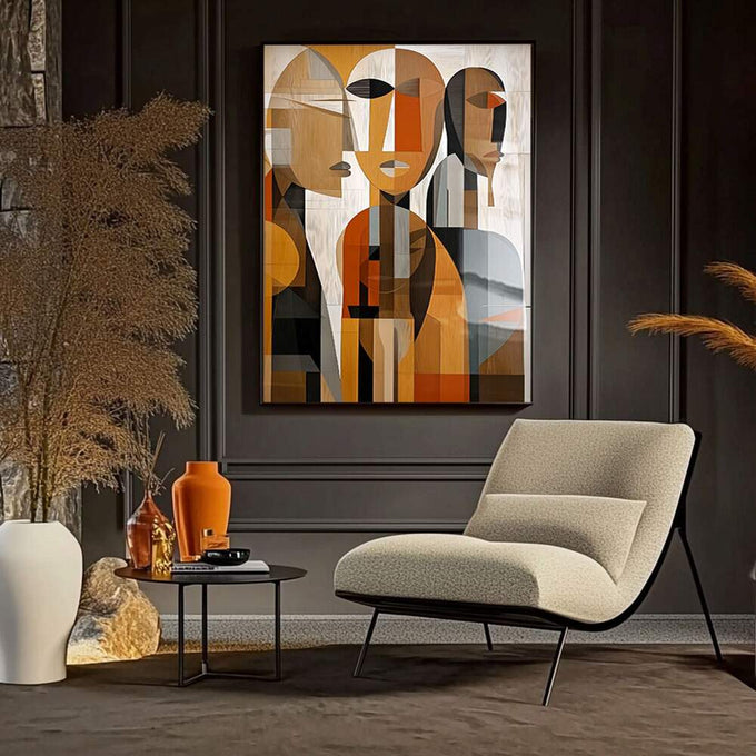 Quadro Decorativo Abstrato Humano - Conexões Visuais | quadros decorativos para sala | Três figuras abstratas com formas geométricas em laranja, bege e marrom com composição fragmentada e sobreposta. | Porao dos Quadros