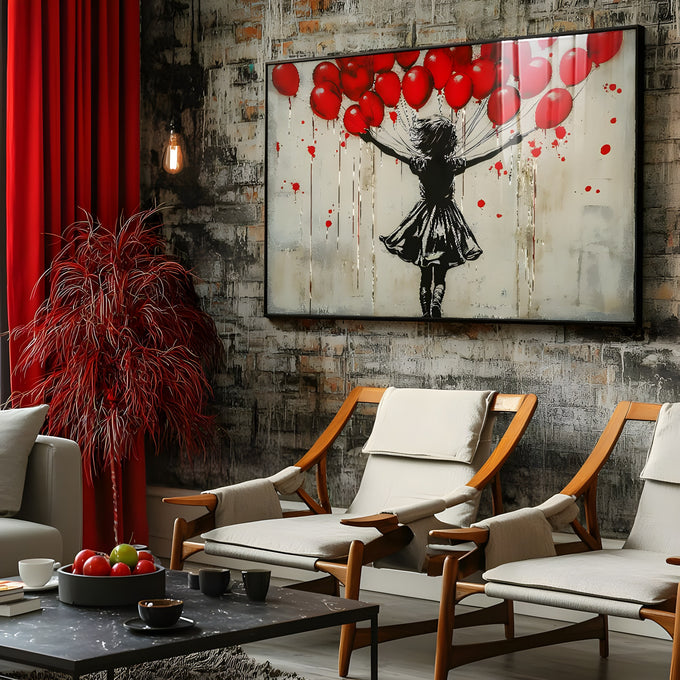 Silhueta de menina segurando balões vermelhos com respingos de tinta em fundo bege, quadro decorativo