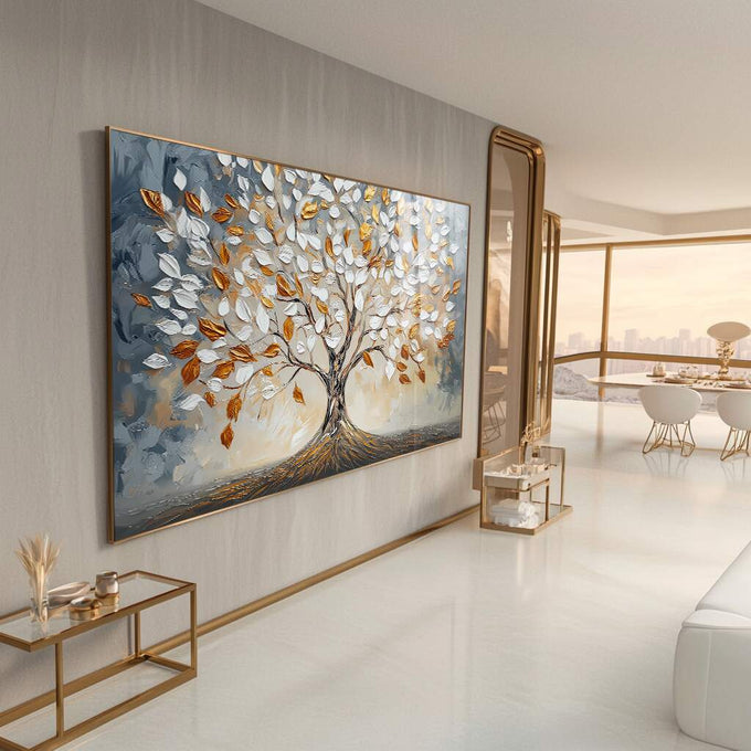 Quadro Decorativo Árvore da Vida Serena | quadros decorativos para sala | Árvore com folhas brancas e douradas em composição realista com fundo azul cinzento | Porao dos Quadros