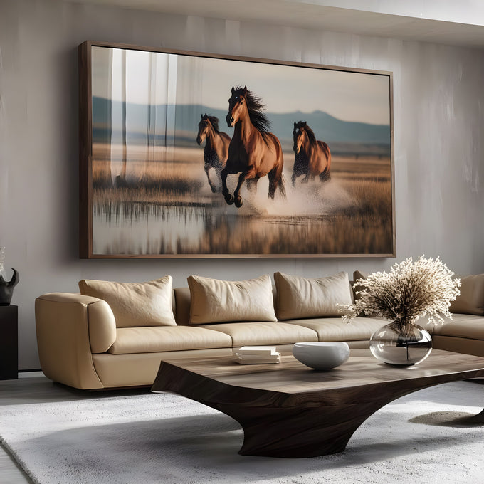 Três cavalos marrons galopando na água em campo dourado com montanhas ao fundo, quadro decorativo