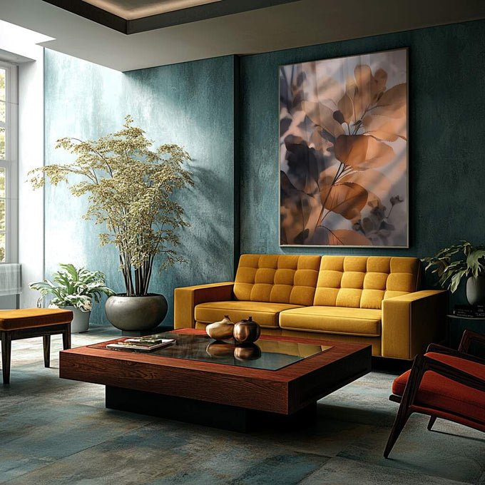 Quadro Decorativo Elegância Natural Serene Leaves | quadros decorativos para sala | Flores secas translúcidas em tons dourados sob luz natural dourada em composição minimalista. | Porao dos Quadros