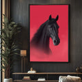 Quadro Decorativo Cavalo Negro Vibrante | quadros decorativos para sala | Cavalo preto em perfil com crina volumosa em fundo vermelho vibrante com degradê. | Porao dos Quadros