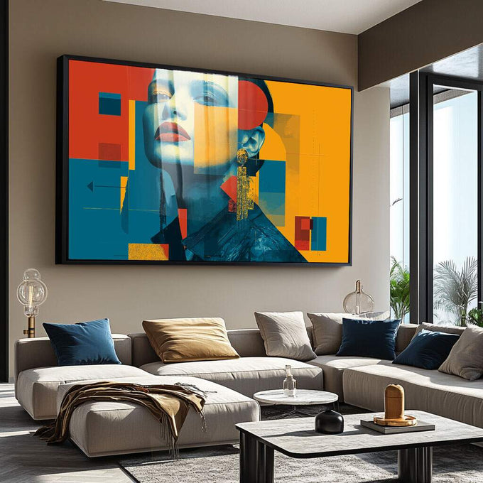 Quadro Decorativo Mulher Moderna | quadros decorativos para sala | Mulher em composição pop art geométrica com tons azul, vermelho, amarelo e laranja vibrantes. | Porao dos Quadros