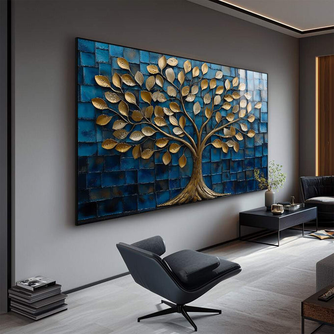 Quadro Decorativo Árvore Dourada em Azul Profundo | quadros decorativos para sala | Árvore com folhas douradas luminosas em fundo azul estruturado e texturizado | Porao dos Quadros