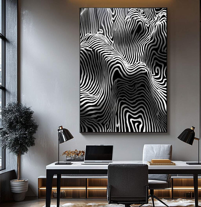 Quadro Decorativo Harmonia em Preto e Branco | quadros decorativos para sala | Padrão de ondas sinuosas em preto e branco criando ilusão óptica abstrata e movimento contínuo | Porao dos Quadros