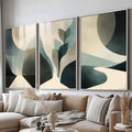 Quadro Decorativo Abstrato Serenidade Moderna | quadros decorativos para sala | Triptíco abstrato com formas geométricas em bege, verde água e creme em composição fluida. | Porao dos Quadros