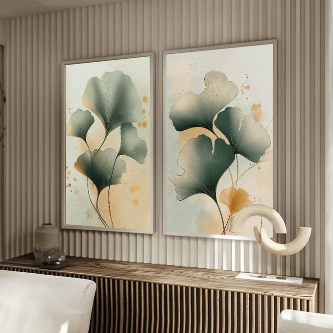Quadro Decorativo Harmonia Natural Moderno com Folhas Verdes | quadros decorativos para sala | Duas telas com flores ginkgo em aquarela verde, bege e respingos dourados em composição delicada | Porao dos Quadros