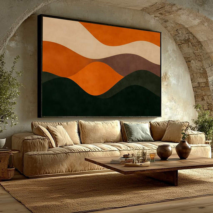 Quadro Decorativo Ondas da Natureza | quadros decorativos para sala | Paisagem abstrata com camadas ondulantes em laranja, bege e verde-escuro em composição fluida. | Porao dos Quadros