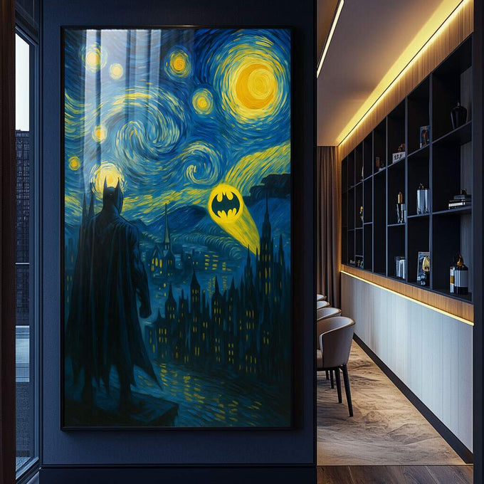 Quadro Decorativo Batman sob o Céu Estrelado | quadros decorativos para sala | Batman observando Gotham sob céu noturno em azul com estrelas e símbolo iluminado | Porao dos Quadros