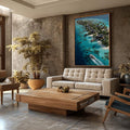 Quadro Decorativo Litoral Tropical Serene | quadros decorativos para sala | Isla tropical com barcos em água azul turquesa vista aérea fotografia | Porao dos Quadros