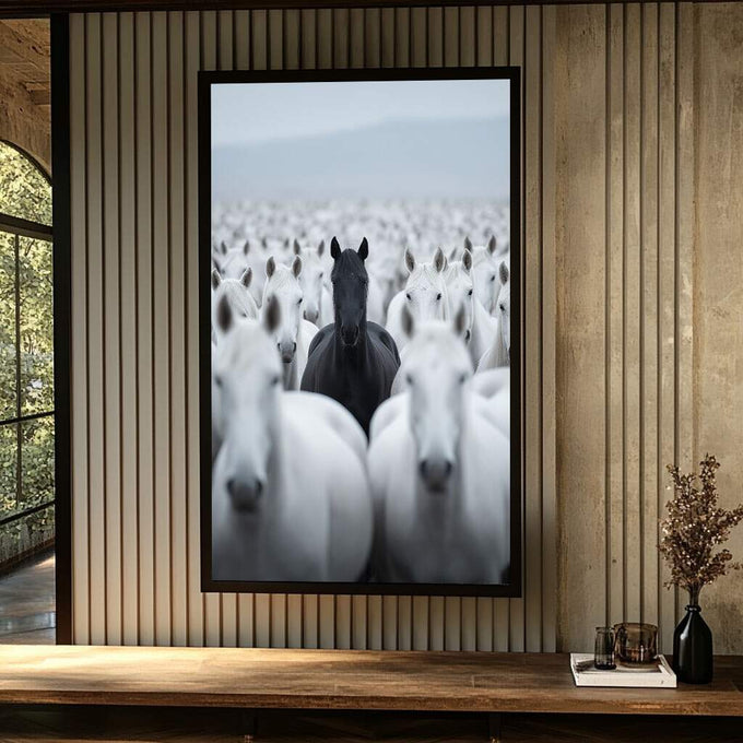 Quadro Decorativo Cavalo: Elegância e Singularidade | quadros decorativos para sala | Cavalo negro centralizado entre cavalos brancos em composição fotográfica com contraste dramático | Porao dos Quadros