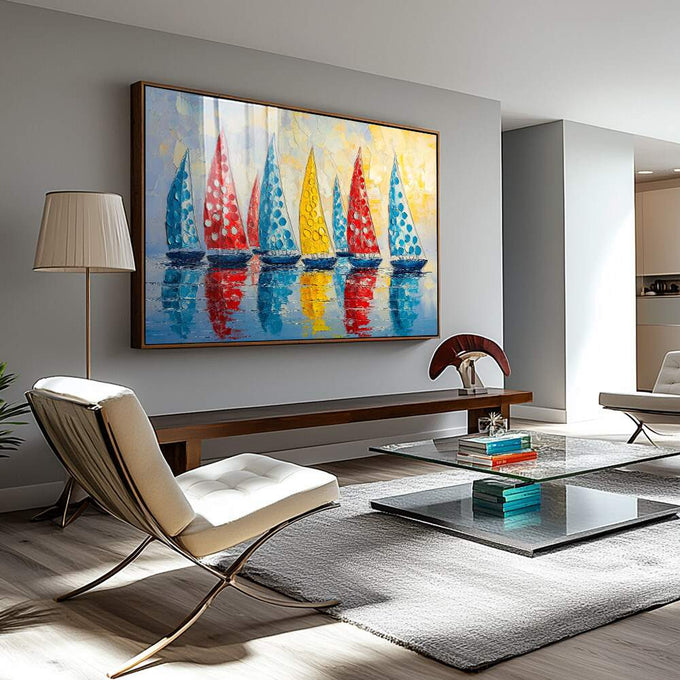 Quadro Decorativo Alto-Mar Vibrante e Livre | quadros decorativos para sala | Sete veleiros coloridos com reflexos em água espelhada e luz vibrante | Porao dos Quadros