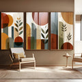 Arcos, círculos e folhas em terracota, mostarda e sálvia sobre fundo bege, abstrato boho quadro decorativo