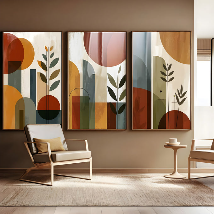 Arcos, círculos e folhas em terracota, mostarda e sálvia sobre fundo bege, abstrato boho quadro decorativo