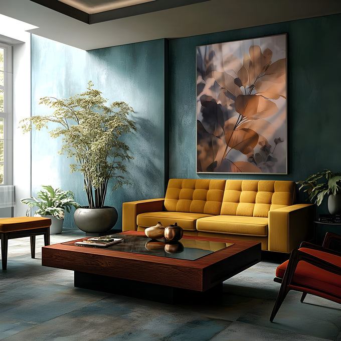 Folhas translúcidas em tons de cobre e caramelo sobre fundo azul acinzentado, quadro decorativo