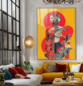 Dança de Cores: Quadro Abstrato Feminino | quadros decorativos para sala | Mulher oriental em vermelho com círculos geométricos em fundo amarelo ouro, composição moderna e vibrante | Porao dos Quadros