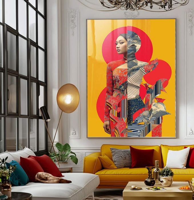 Dança de Cores: Quadro Abstrato Feminino | quadros decorativos para sala | Mulher oriental em vermelho com círculos geométricos em fundo amarelo ouro, composição moderna e vibrante | Porao dos Quadros