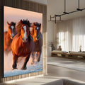 Cavalos marrons galopando com crina ao vento e céu rosado ao fundo, quadro decorativo