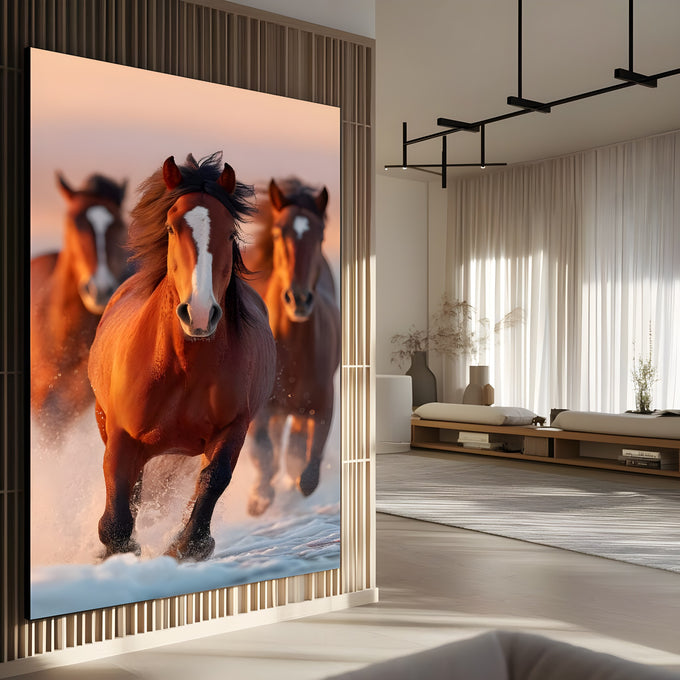 Cavalos marrons galopando com crina ao vento e céu rosado ao fundo, quadro decorativo