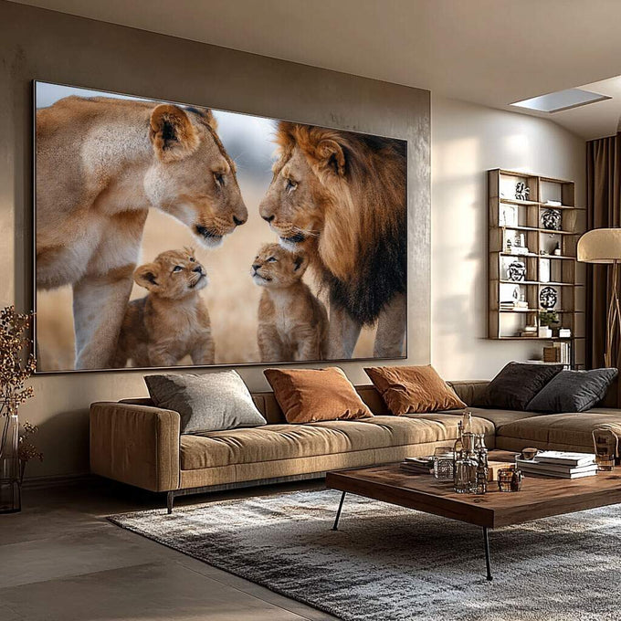 Quadro Decorativo - Leões em Harmonia Familiar | quadros decorativos para sala | Família de leões com filhotes em tons marrom e bege, composição majestosa com luz natural. | Porao dos Quadros